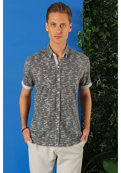 Efor Slim Fit Düğmeli Yaka Desenli Kısa Kol Pamuk Füme Gömlek G 1499 Füme