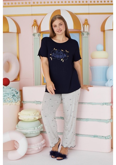 Sevim Kadın Büyük Beden Kısa Kol Lacivert Pijama Takım C1t4n7o51 001
