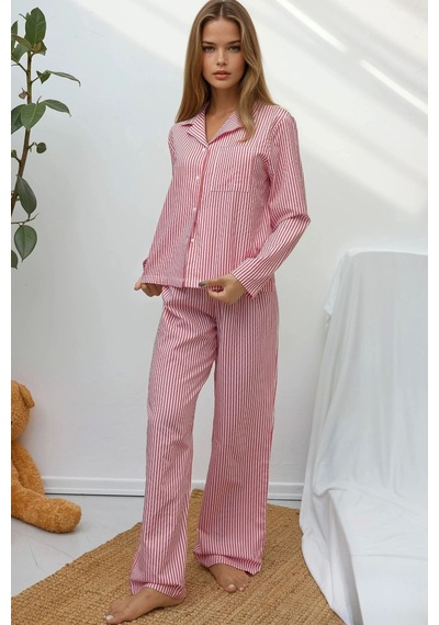 Hiccup Çizgili Pamuklu Pijama Takımı Bordo Kırmızı