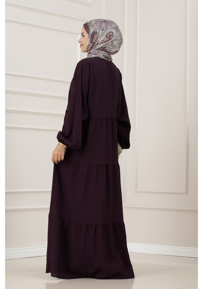 Sevitli Lilyum Kumaş Robalı Katya Elbise-mürdüm-5852