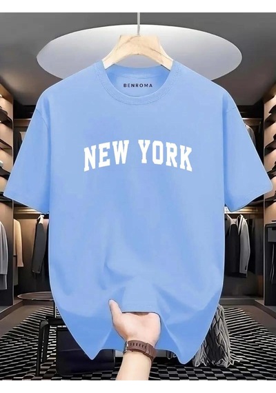 New York Beyaz Baskılı Oversize Tişört Bebe Mavisi