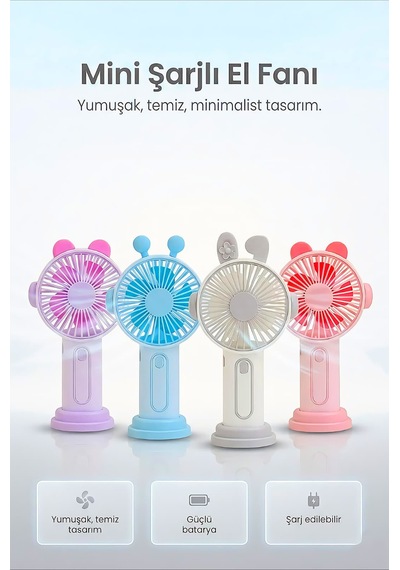 Şarjlı Taşınabilir Sevimli Kulak Tasarımlı Mini Fan 3 Kademeli Hız Telefon Standlı Vantilatör Mor
