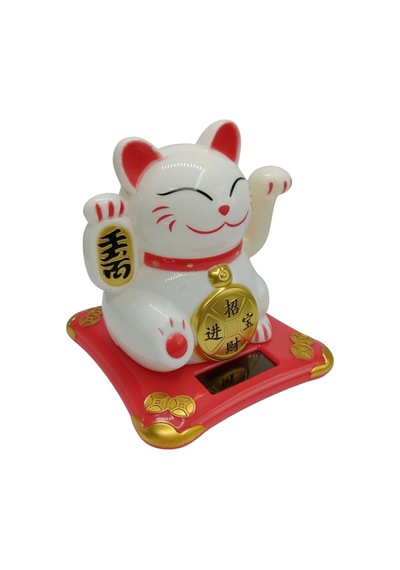 Maneki Neko El Sallayan Şans Kedisi Beyaz Solar Güneş Enerjili 10x10cm No4b01