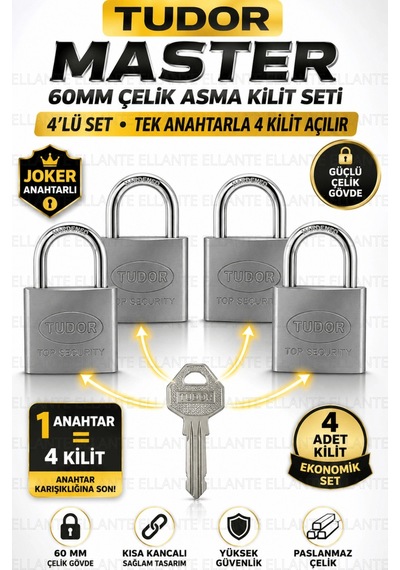 Master 4'lü 60 Mm Joker Anahtarlı Çelik Asma Kilit Seti - Tek Anahtarla 4 Kilit Açılır - Kısa Kancal