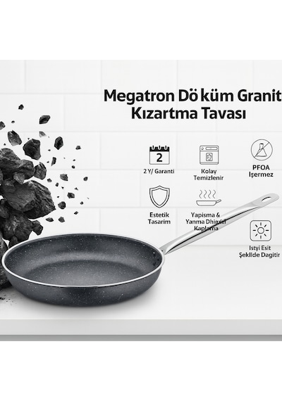 Polochef Megatron Granit Çelik Saplı Izgara,patates,balık Kızartma Tavası Büyük Boy Mega 32 Cm Gri