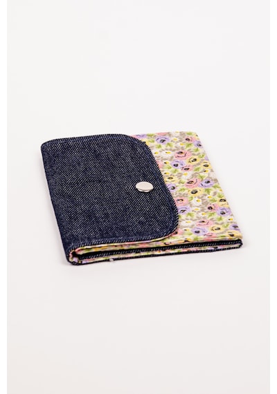 Fabric Craft Bag Kadın Cüzdan Denim Detaylı Çiçek Desenli Çıtçıtlı 15x12 Cm Lacivert - Sarı