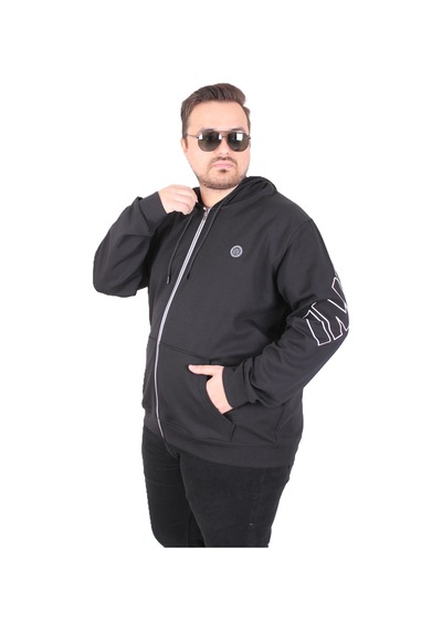 Moc Grande Mocgrande Büyük Beden Kapüşonlu Fermuarlı Sweat Double Face Ossi 25705 Sıyah Siyah
