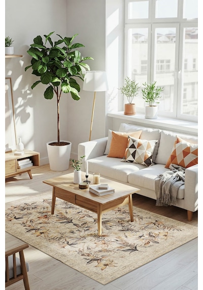 Artloop Florart Bej / Kahverengi Vintage Dokulu Çiçek Desenli Dokuma Tabanlı Şönil Halı Al 468 Bej - Kahverengi