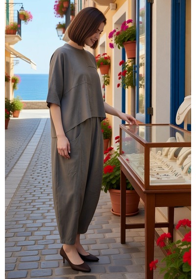 Benerly Kadın Büyük Beden Oversize Bluz Pantolon Takımı %100 Polyester Do Gri
