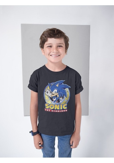 Sevbano Vintage Eskitme Sonic The Hedgehog Baskılı Unisex Çizgi Film Çocu SIYAH