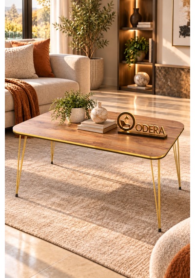 Odera Çift Ceviz Orta Sehpa Ve Zigon Sehpa 4'lü Set Metal Tel Ayaklı Modern Retro Salon Sehpası Diğer
