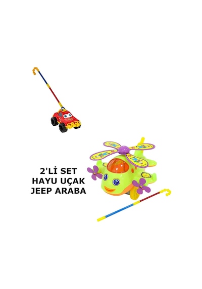 Hayu Uçak Helikopter Jeep Araba Baston Saplı Sopalı Itmeli Oyuncak 2'li Set