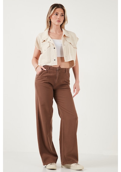 Lela Pamuklu Standart Fit Yüksek Bel Geniş Paça Bayan Pantolon 668Yp5193 Kahve