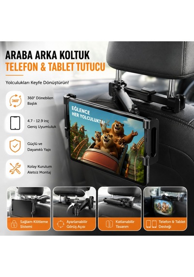 Polham Universal Araç Arka Koltuk Telefon Ve Tablet Tutucu 360 Dönebilen Telefon Standı Katlanabilir Siyah
