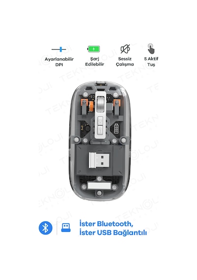 Kablosuz Mouse Fare Şarjlı Bluetooth Wireless Çift Modlu Sessiz 5 Tuşlu Şeffaf Dpı Kontrol Siyah 001