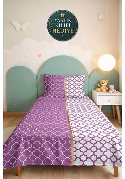 Mor Geometrik Dekoratif Pike Takımı - Lila Beyaz Kapitone Yatak Örtüsü Seti Tek Kişilik 160x220 Cm Kadife Koru Havası