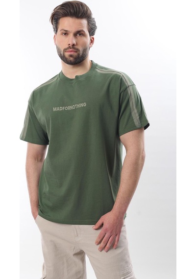 Madmext Haki Bisiklet Yaka Baskılı Erkek T-shirt E7110 Haki
