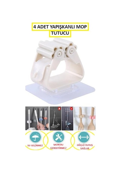 Mop Banyo Askısı Çok Amaçlı Yapışkanlı Askı 4 Adet Fırça Süpürge Papas Düzenleyici Mutfak Çok Renkli