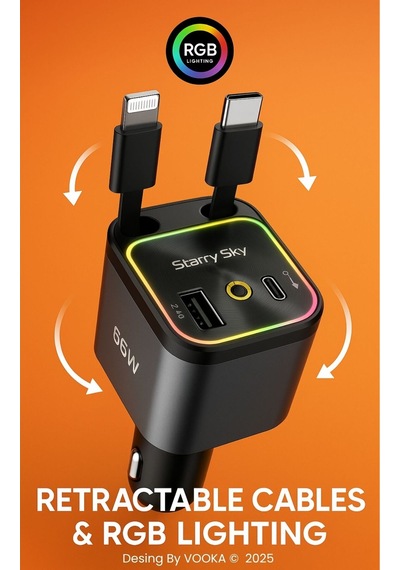 66w Araç Şarj Adaptörü Type-c + Lightning Makaralı Kablo, Usb + Type-c Girişli, Hızlı Şarjlı