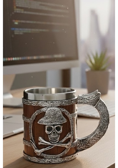 Fıçı Tasarımlı Korsan Temalı Paslanmaz Çelik Kupa - Antik Viking Tarzı Dekoratif Kurukafa Mug Çok Renkli
