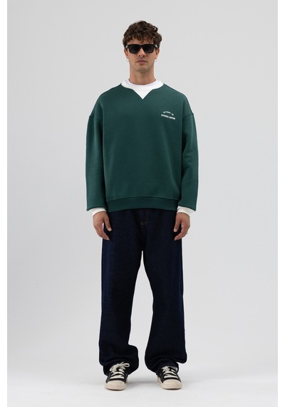 Vamos Oversize Bisiklet Yaka Baskılı Sweatshirt V70-91 Nefti Yeşil