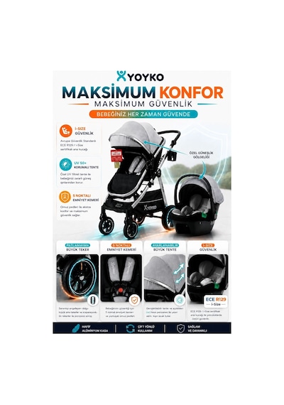 Yoyko Luxury İ-size Travel Sistem Bebek Arabası 3 İn 1 Gri Silver
