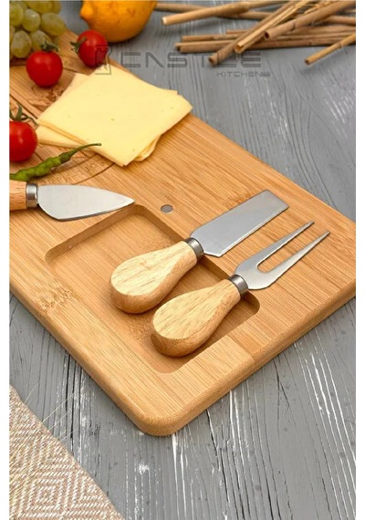 Bambu 4 Parça Peynir Sunum Tahtası Seti, Peynir Sunum Tahtası 38x19x2 Cm