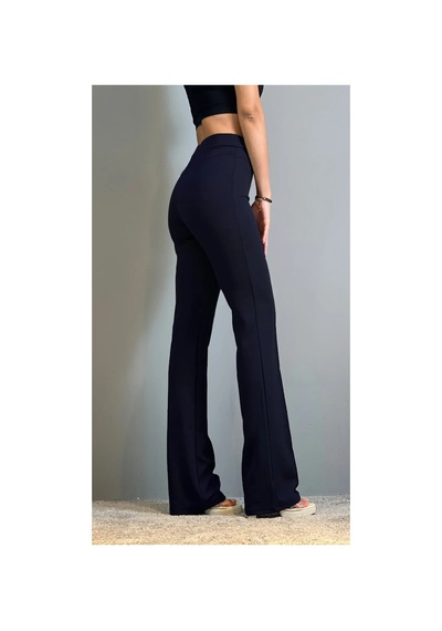 Thiff Gymwear Krep Kumaş Likralı Önü Çimalı Bej Kadın Palazzo Pantolon Lacivert