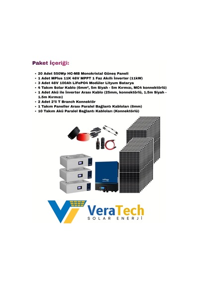 Veratech Güneş Enerjisi Solar Paketi 11kva İnverter 550 Watt Güneş Paneli 48v 100 Amper Lityum Akü