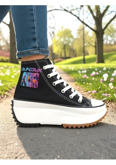Ellaboni Demon Hunter Huntrix Çizim Baskılı Siyah Bilekli Kalın Yüksek Tabanlı Spor Ayakkabı Sneaker