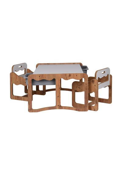 Montessori 2 Kişilik Masa Sandalye Takımı, 18mm Ceviz-beyaz Mdf, Gri