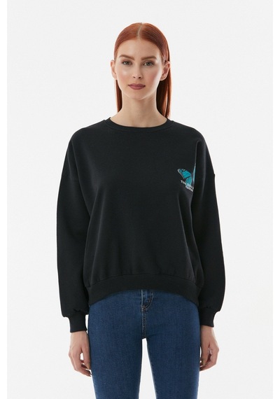 Fullamoda Kelebek Baskılı Oversize Sweatshirt- Siyah 24KGB890189618-Siyah