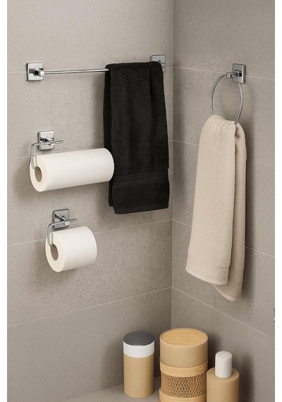 Yapışkanlı Krom 4'lü Banyo & Mutfak Havluluk Seti Wc Kağıtlık, Rulo, Çember Ve Uzun Havlu Askısı, Krom Diğer