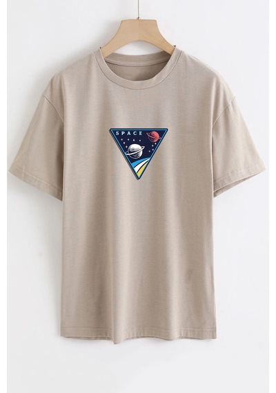 Unisex Space Baskılı T-shirt Bej