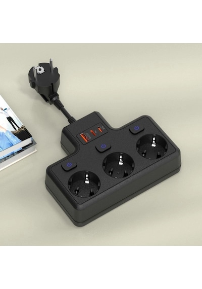Termal Akım Korumalı 3'lü Duvar Tipi Priz: 1x Usb + 2x Type-c Çıkışlı Grup Priz Çoğaltıcı 3500w 2 M