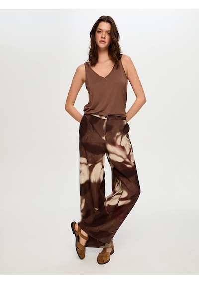 Faik Sönmez Soyut Çiçek Desen Ketenli Wide Leg Fit Pantolon S26pnt035 Us26pnt03530 Kahve