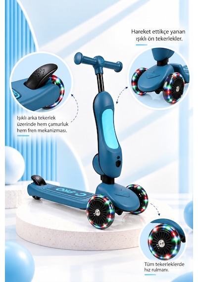 C-pro 2'si 1 Arada Katlanabilir Çocuk Scooterı Açık Mavi