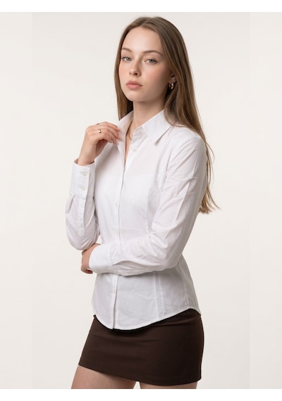 Pera Moda Kadın Beyaz Gömlek Vatkalı Poplin Manşetli Oversize Şık Gömlek