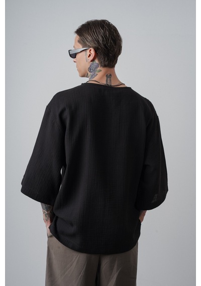 Respire Erkek R Nakışlı Fakir Kol Müslin Oversize T-shirt Siyah
