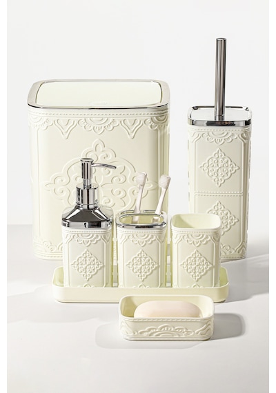 Makri Home 7 Parça Desenli Kare Click Kapaklı Beyaz Silver Banyo Seti, Hacim: 8 Litre Beyaz