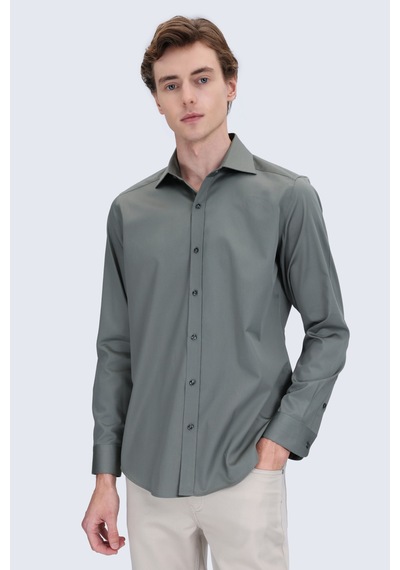 Hatemoğlu Yeşil Slim Fit Açık İtalyan Yaka 100% Pamuk Uzun Kollu Spor Gömlek