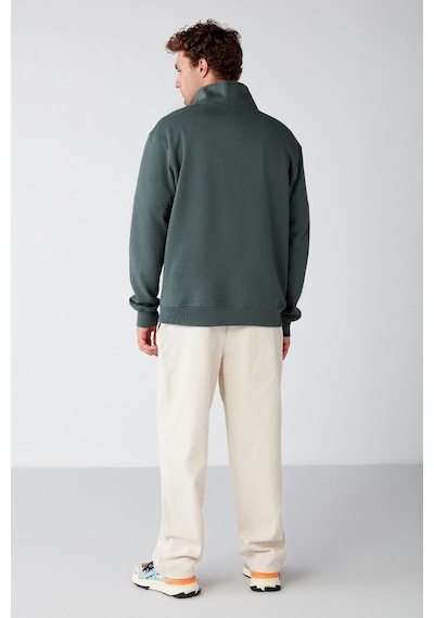 Grımelange Frame Erkek Yarım Fermuarlı Dik Yakalı Yumuşacık Kumaşlı Polarlı Regular Yeşil Sweatshirt