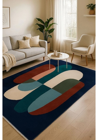 Lacivert Renkli Geometrik Desen Tasarım Modern Halı Dekoratif Kilim
