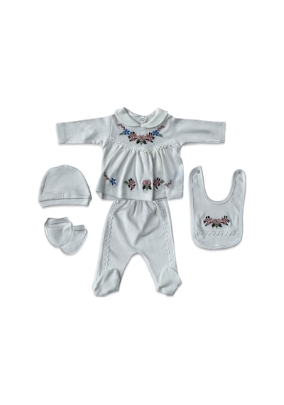 Babysena Kız Bebek Yenidoğan Hastane Çıkışı Çiçek Nakışlı 5 Li Set - Kız Bebek Yenidoğan Hediyesi Beyaz