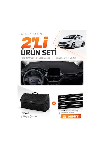 E-biz Ford Fiesta 2020-2023 Uyumlu Torpido Örtüsü + Deri Bagaj Çantası Seti - Siyah - Fo022