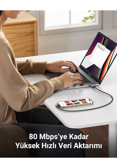 Ugreen Usb-c - Lightning 3a Qc Pd 90 Derece Örgülü Hızlı Şarj Kablosu, 2 M, Siyah, 60765