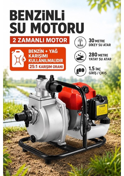 Benzinli Su Motoru 2 Zamanlı 30 Mt Dik Su Atar 7 Mt Emiş Tazikli Su Pompası C14 Kırmızı