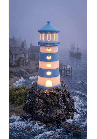 Dekoratif Tasarım Deniz Feneri Tealight - Açık Mavi - Beyaz Çok Renkli
