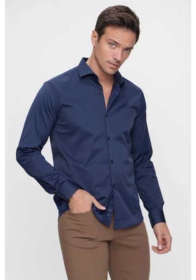 Morven Erkek Lacivert Slim Fit Dar Kesim Düz Sert Yaka Uzun Kollu Gömlek Lacivert