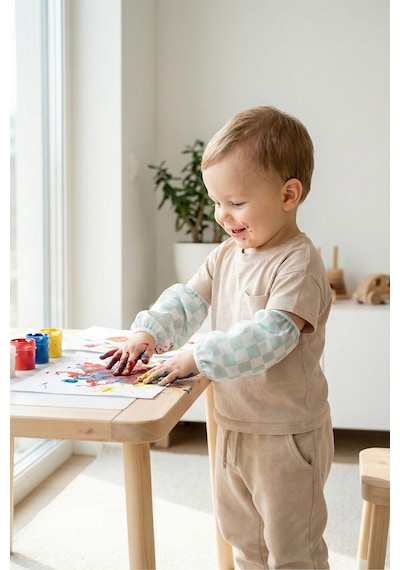 Sıvı Geçirmez Lastikli Bebek Mama Beslenme Kolluğu Seti Çocuk Aktivite Etkinlik Kol Kılıfı D.Yeşil